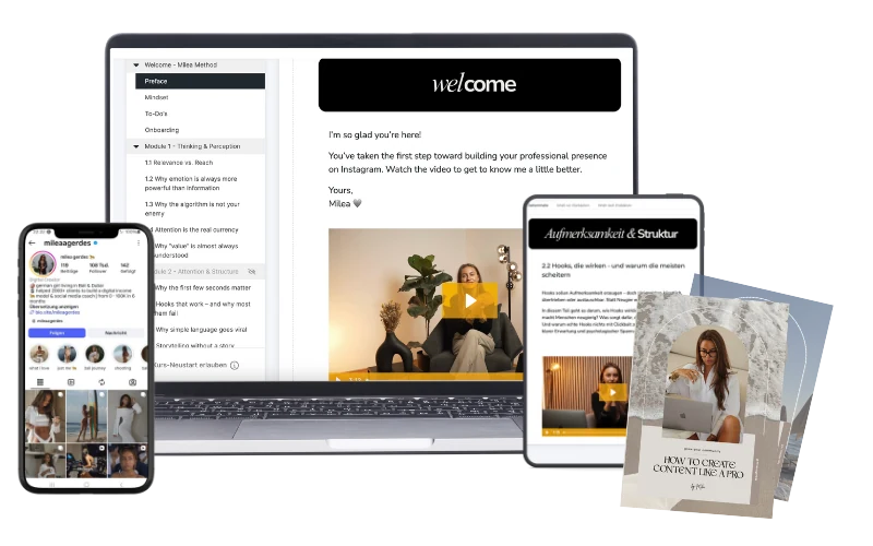 the milea method on laptop, tablet and phone with course videos, workbooks and an e-book